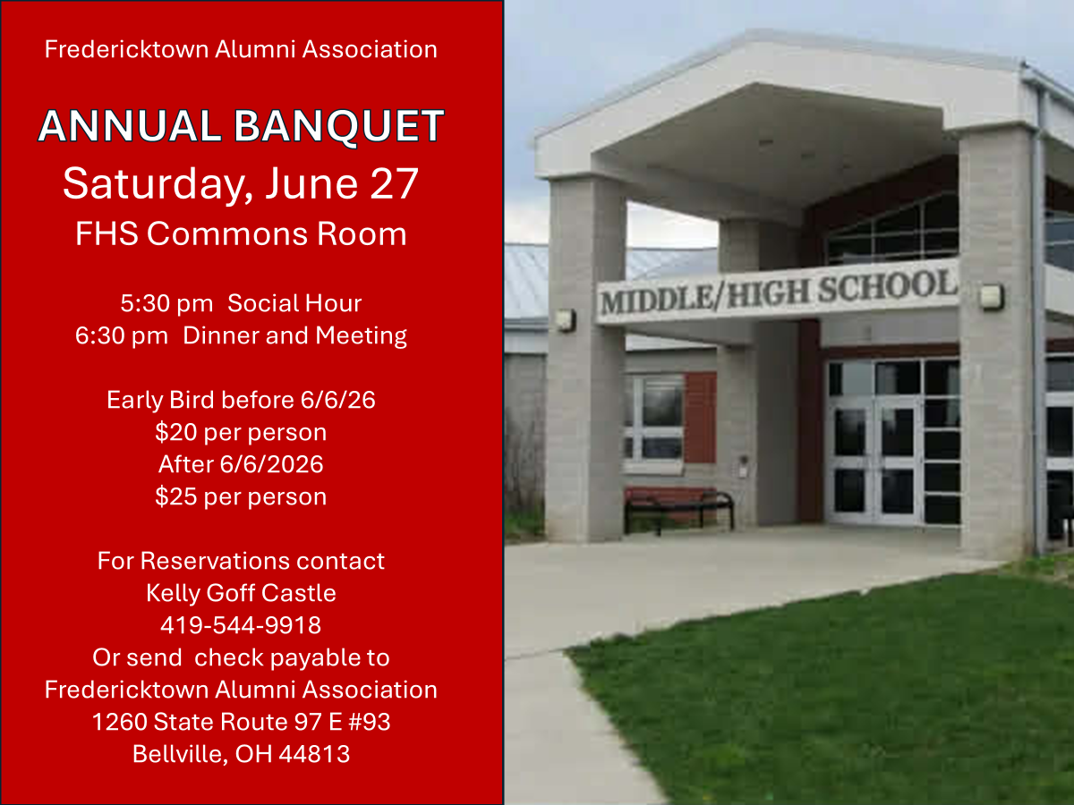 Fredericktown Alumni Association Annual Banquet flyer for Saturday, June 27, 2026 at the FHS Commons Room